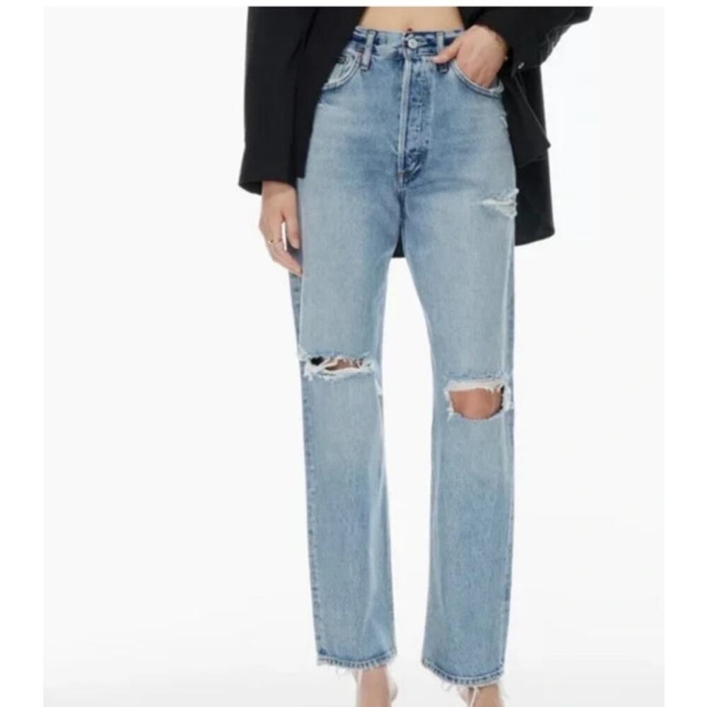 AGOLDE 90s High Rise Straight Leg Blue Jeans Womens 25 (28x29) Light‎ Distressed